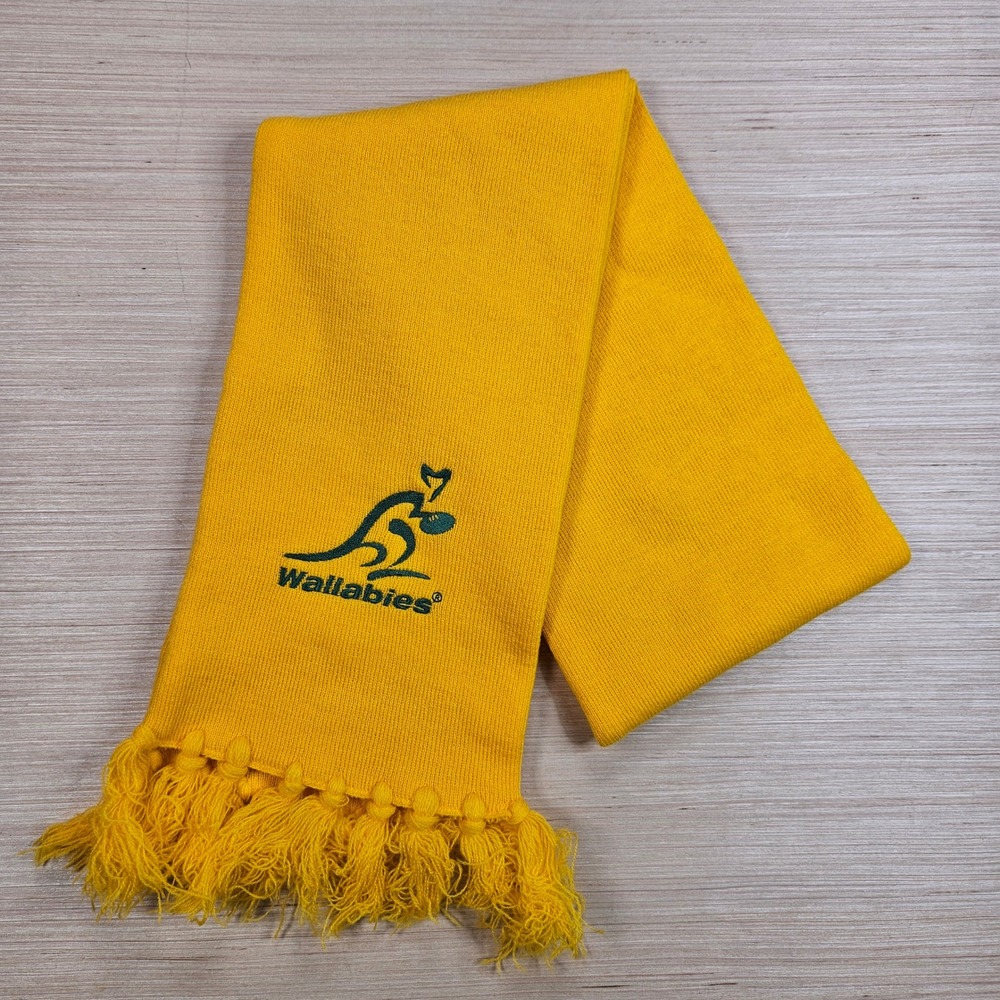 Wallabies Rugby Scarf Unisex OS Yellow Embroidered Fringe Knit Fan‎ Gear